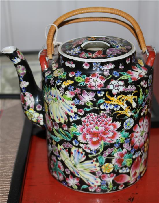 Set of 4 silk Oriental pictures, bronze censer &  tea pot